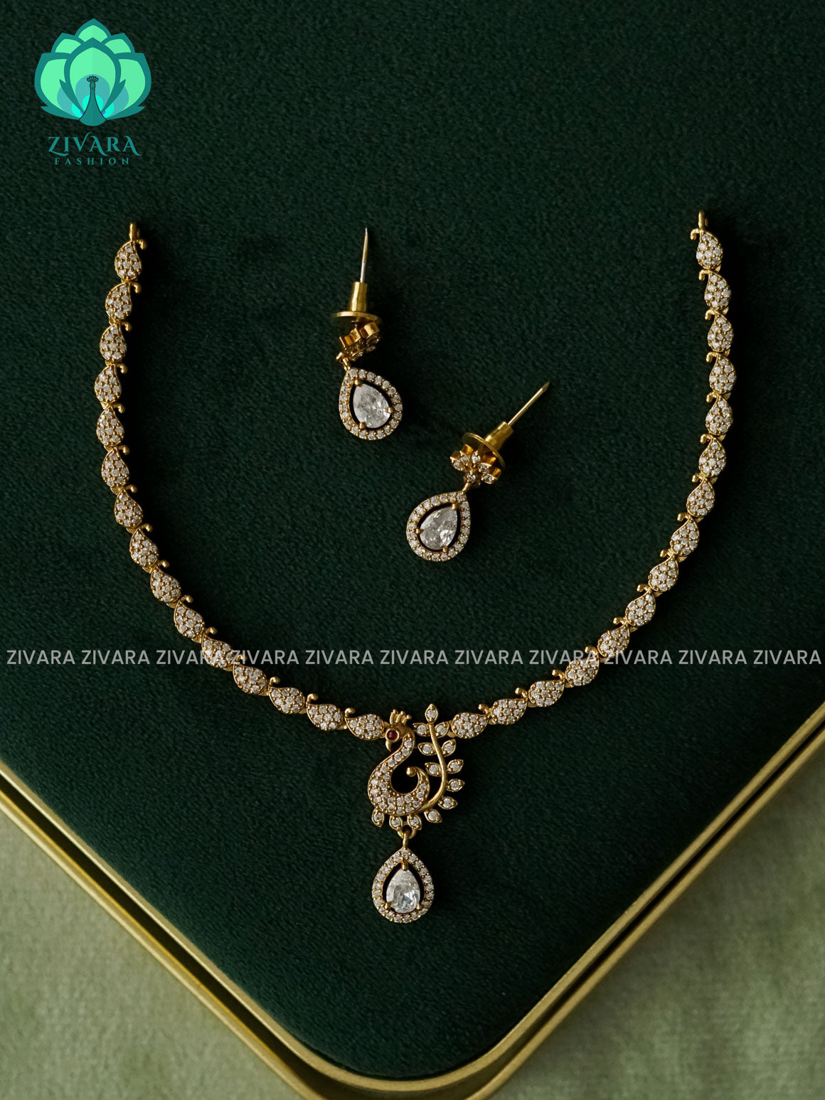 Kanya - WHITE STONE SIMPLE PEACOCK DIAMOND REPLICA NECKWEAR- SUBTLE POLISH stylish and minimal elegant neckwear - Zivara Fashion