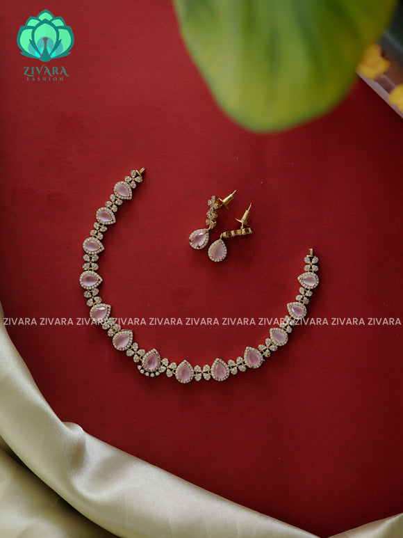 Pastel Pink Tear and flower - stylish and minimal elegant neckwear with earrings- Zivara Fashion