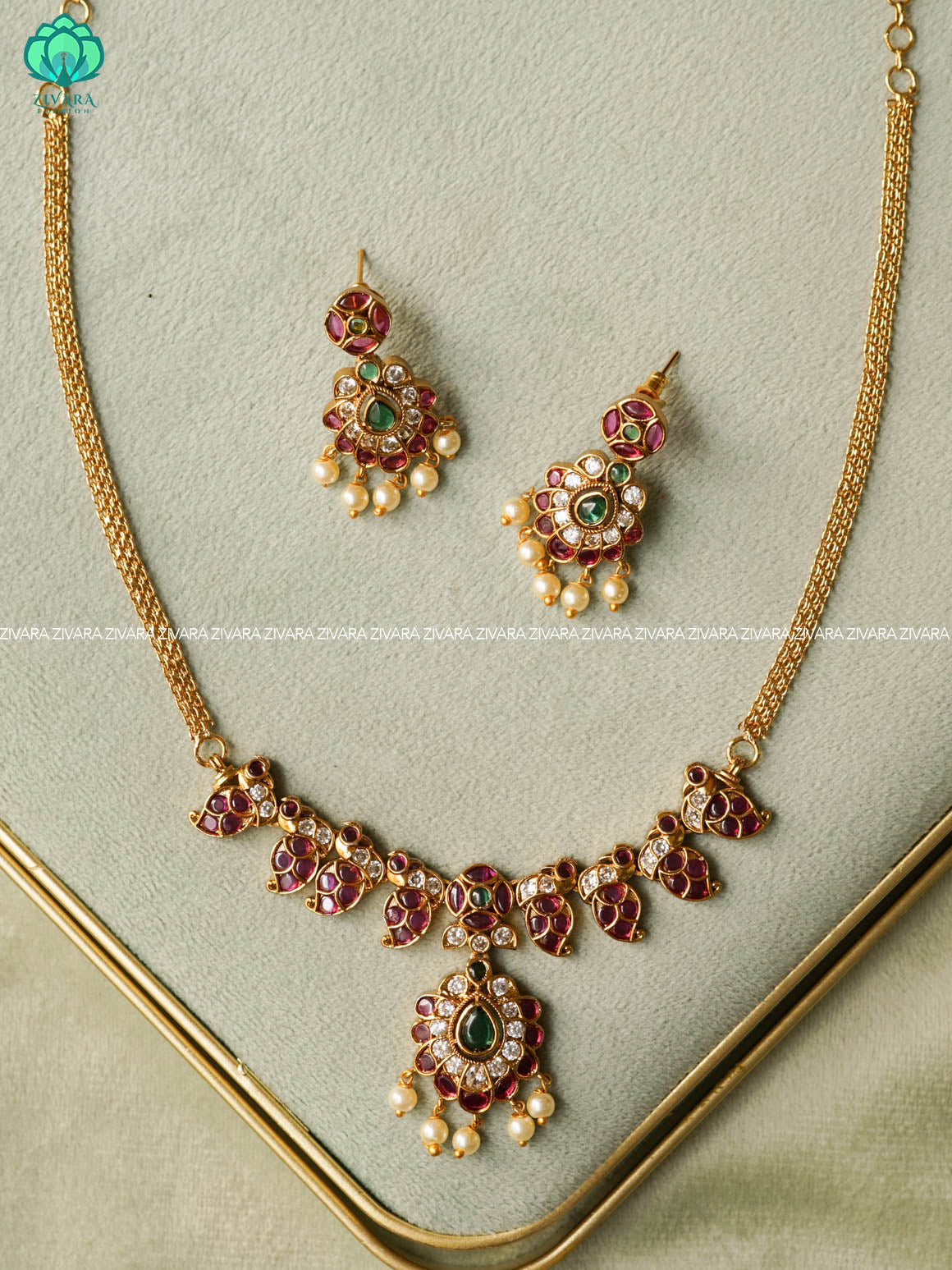 REAL KEMP MANGA - FLEXIBLE CHAIN  - Traditional south indian premium neckwear with earrings- Zivara Fashion- latest jewellery design