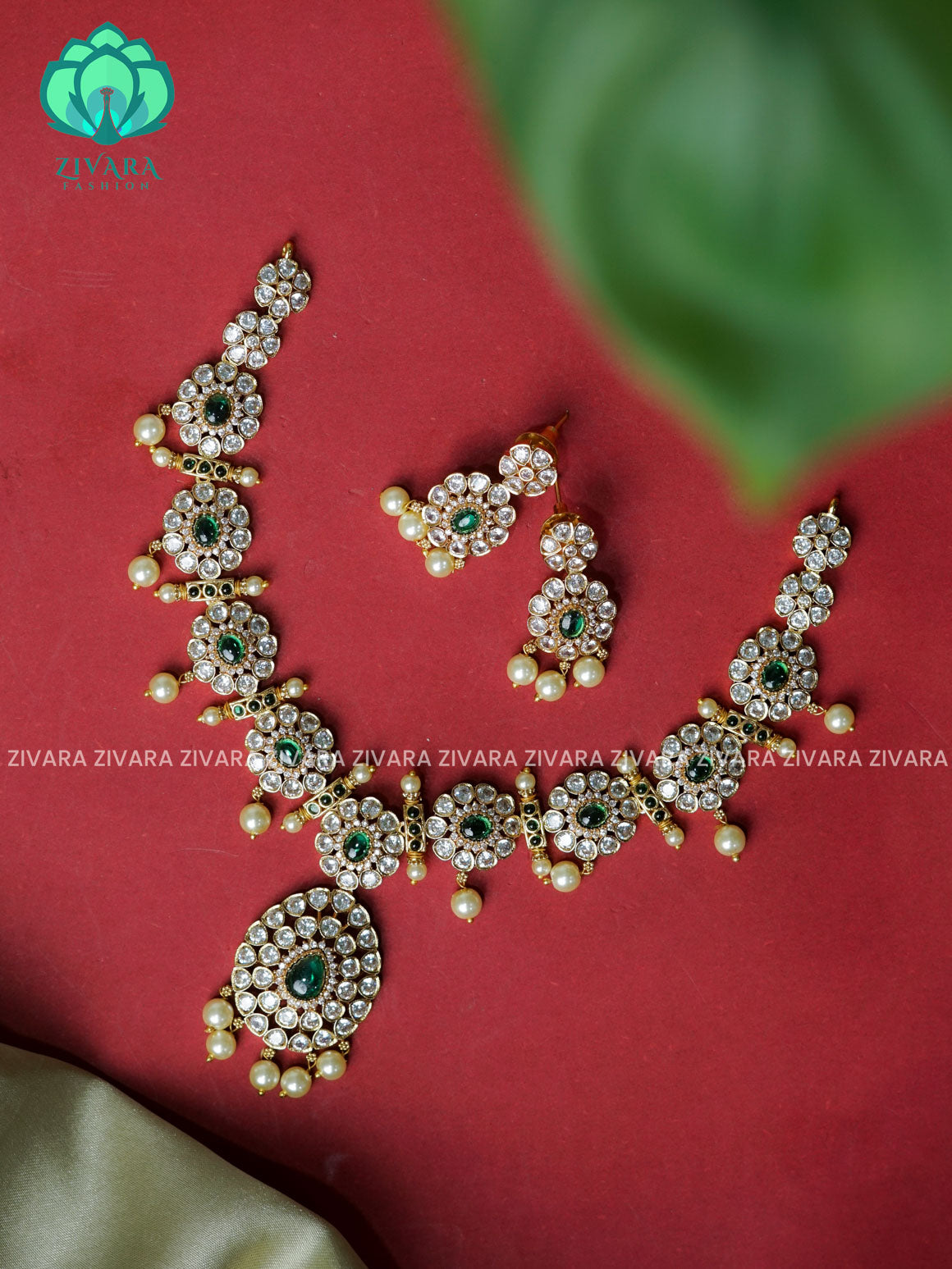 GREEN- TEAR AND FLOWER- Traditional south indian premium neckwear with earrings- Zivara Fashion- latest jewellery design.