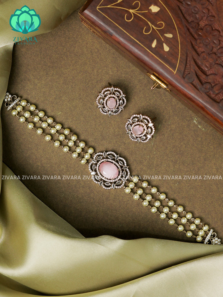 PATEL PINK - PEARL CHAIN -  Ultra premium victoria finish dark polish trending CHOKER collection- Zivara Fashion