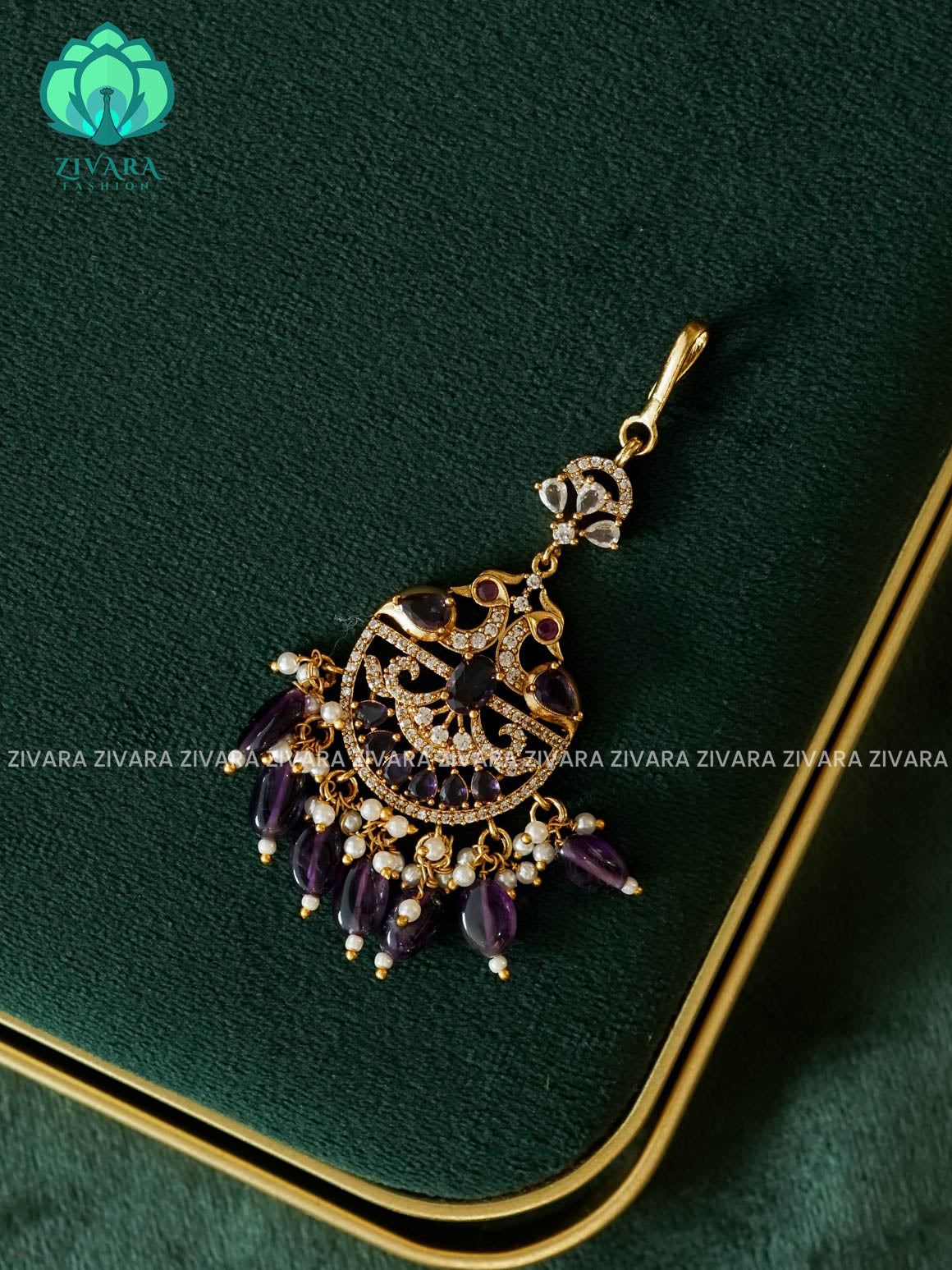 PEACOCK MOTIF AD STONE CHUTTI WITH PURPLE BEADS HANGINGS - bridal head accessory- latest bridal collection - Zivara fashion
