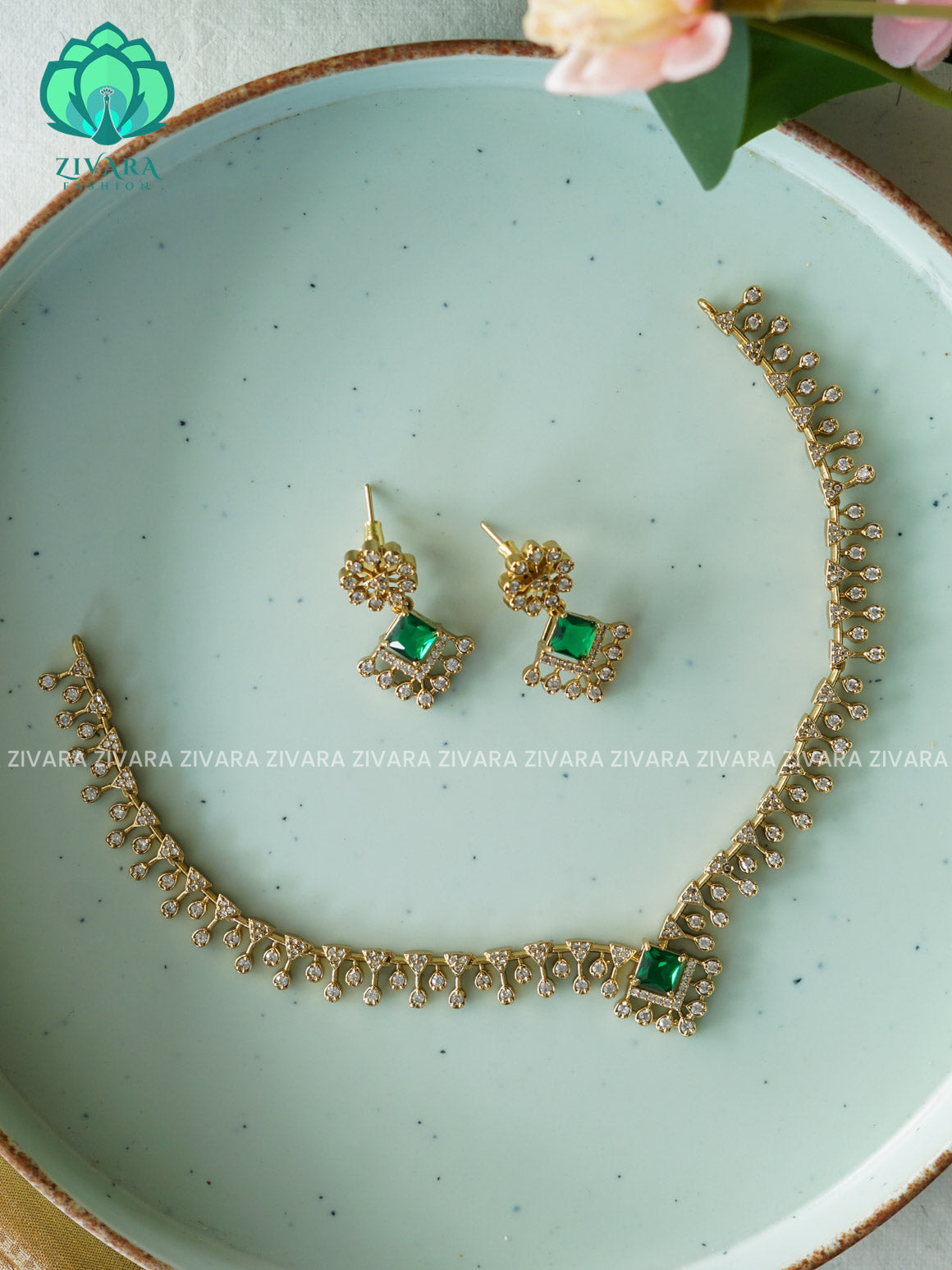 GREEN  - Kids friendly diamond replica stylish and minimal elegant neckwear with earrings- Zivara Fashion