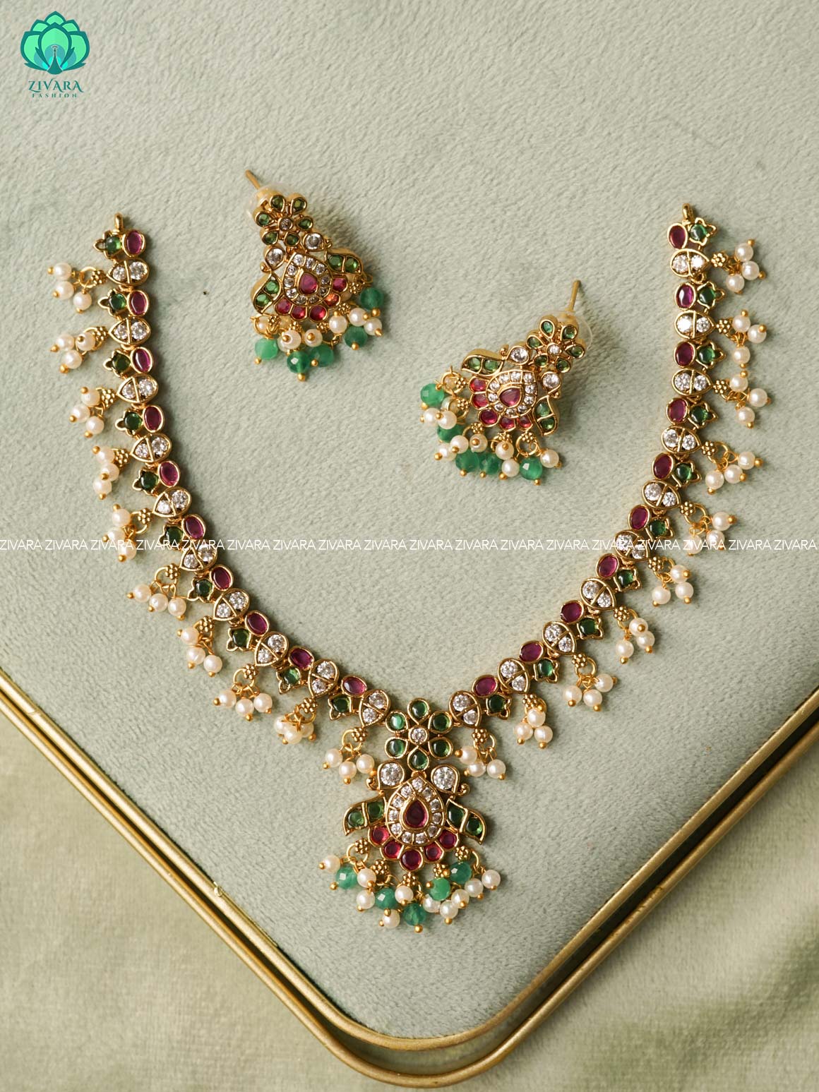 REAL KEMP FLORAL WITH  BEADS HANGINGS NECKWEAR Traditional south indian premium neckwear with earrings- Zivara Fashion- latest jewellery design