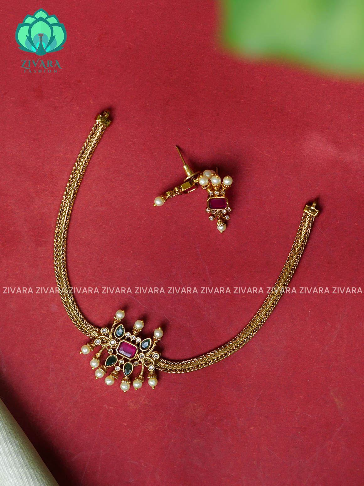 KIDS FRIENDLY Flexible chain  RECTANGLE pendant-Traditional south indian premium neckwear with earrings- Zivara Fashion- latest jewellery design.