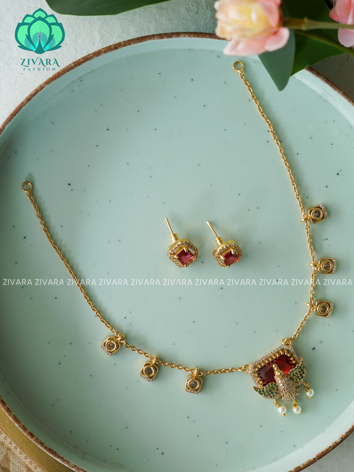RUBY GREEN PEACOCK FLEXIBLE CHAIN  Traditional south indian NORMAL MATTE neckwear  - Zivara Fashion
