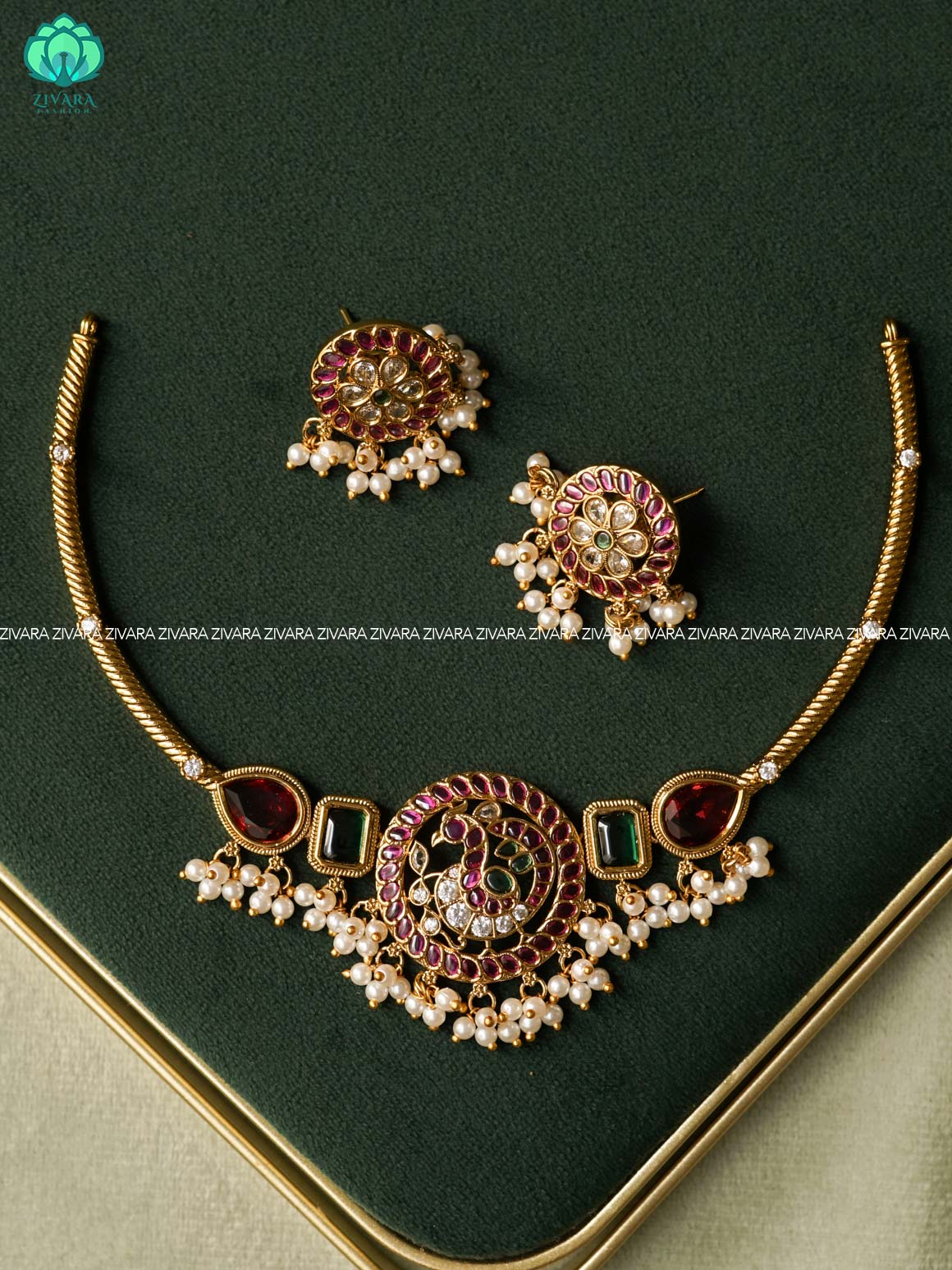 PEACOCK PENDANT - HASLI - stylish and minimal elegant neckwear with earrings- Zivara Fashion