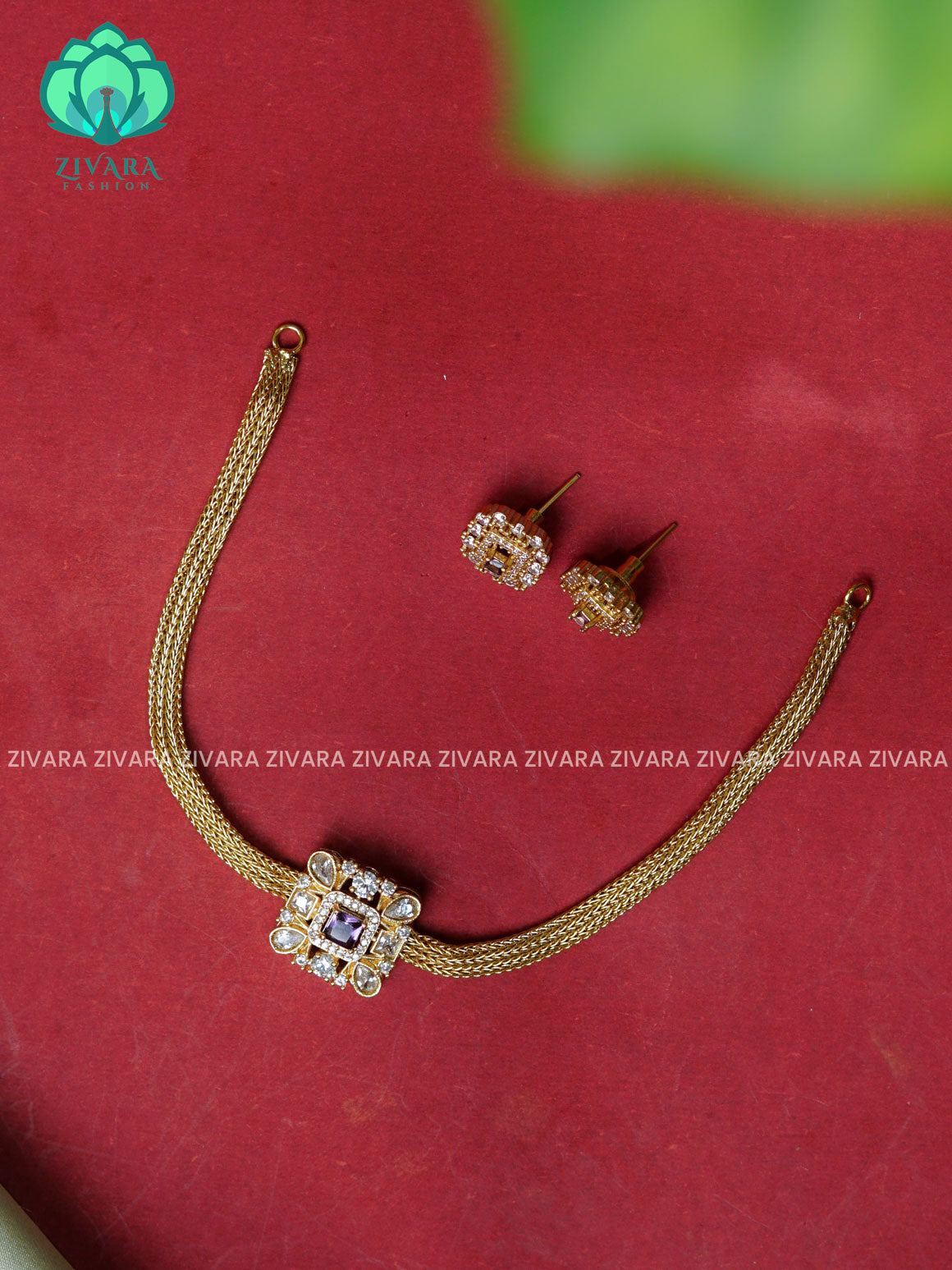 PURPLE Flexible chain  pendant-Traditional south indian premium neckwear with earrings- Zivara Fashion- latest jewellery design.