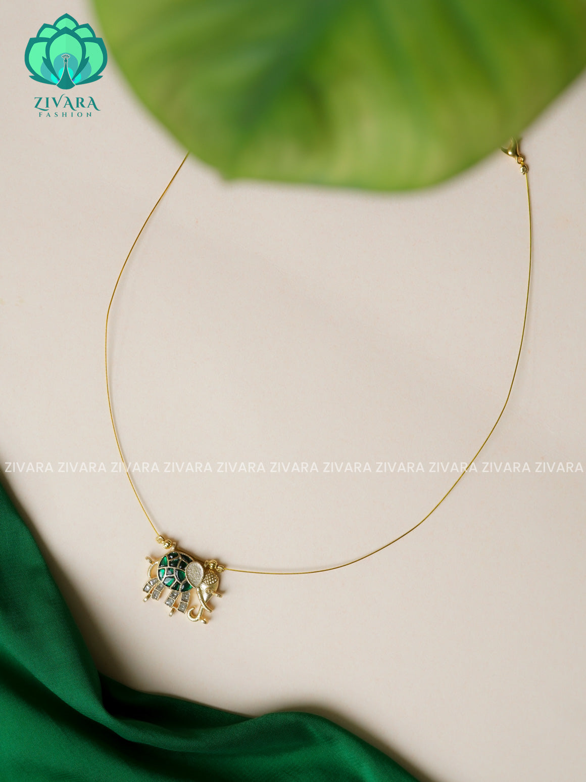 GREEN & WHITE - ELEPHANT JADAU TAMARA INVISIBLE MINIMAL ELEGANT HANDMADE NECKLACE WITH BRILLIANT FINISH MOTIFS- ZIVARA FASHION