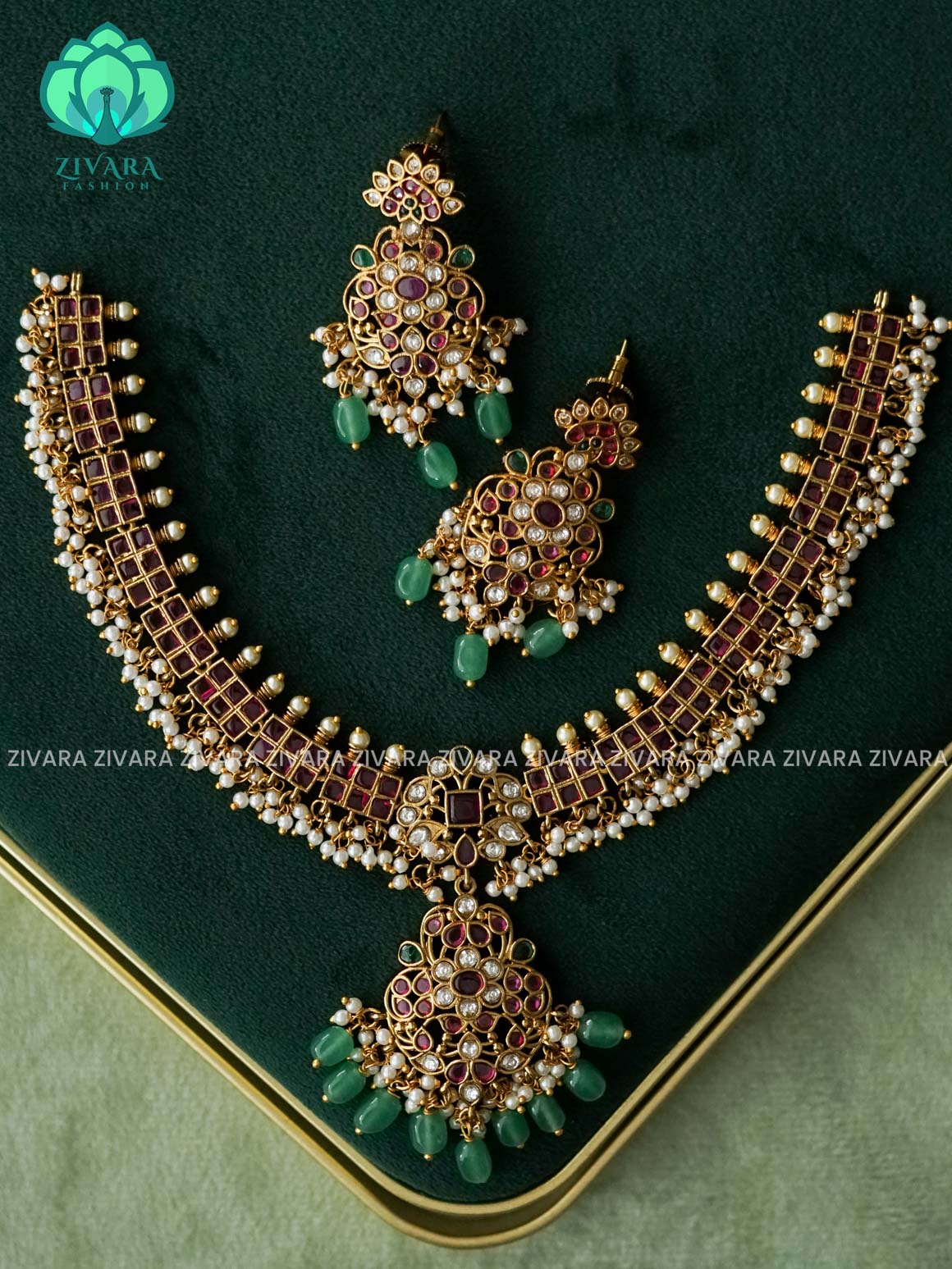 AKSHAYAM -  REAL KEMP NECKWEAR WITH GREEN BEADS HANGINGS  - Traditional south indian premium neckwear with earrings- Zivara Fashion- latest jewellery design.