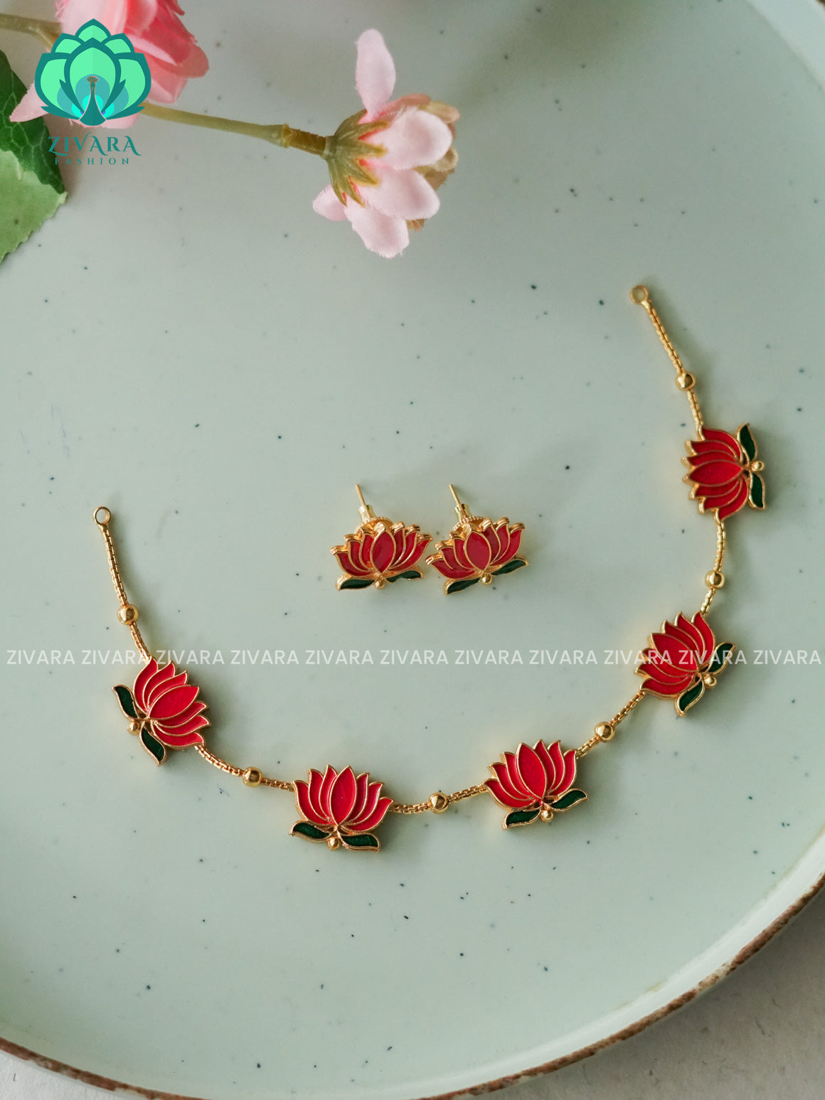 PINK AND GREEN MANJU WARRIER  inspired Trending NORMAL MATTE lotus enamel neckwear with earrings- Zivara Fashion- latest jewellery design