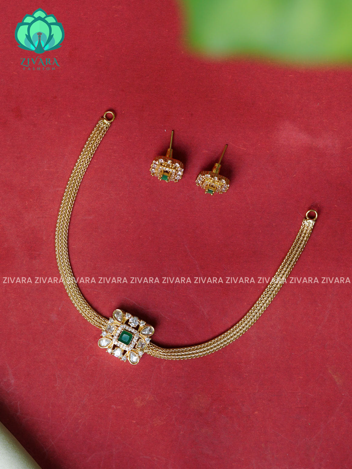 GREEN Flexible chain  pendant-Traditional south indian premium neckwear with earrings- Zivara Fashion- latest jewellery design.