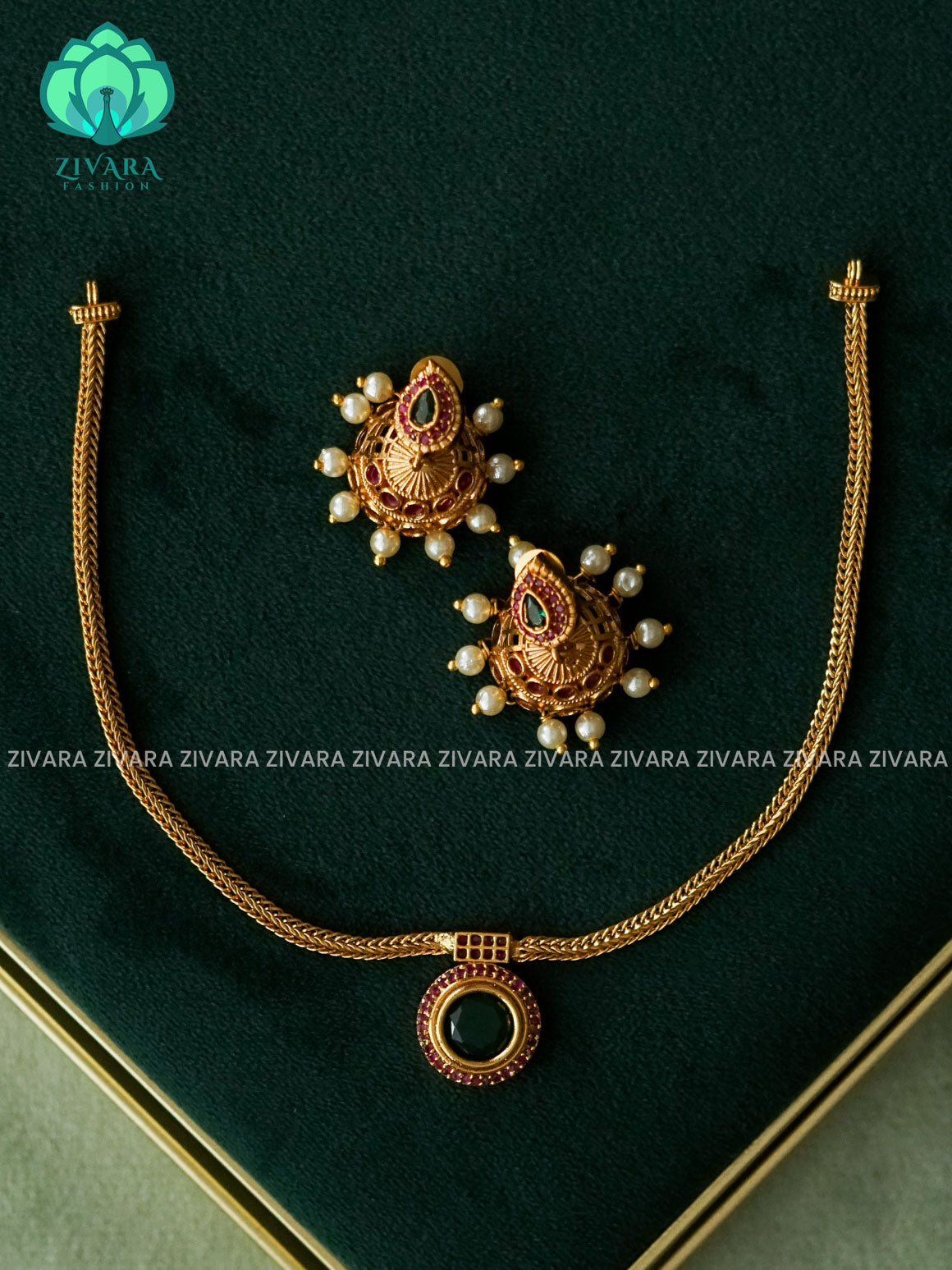 BHANU - GREEN PALAKKA Flexible chain - Traditional south indian PREMIUM  GOLD neckwear with earrings - Zivara Fashion
