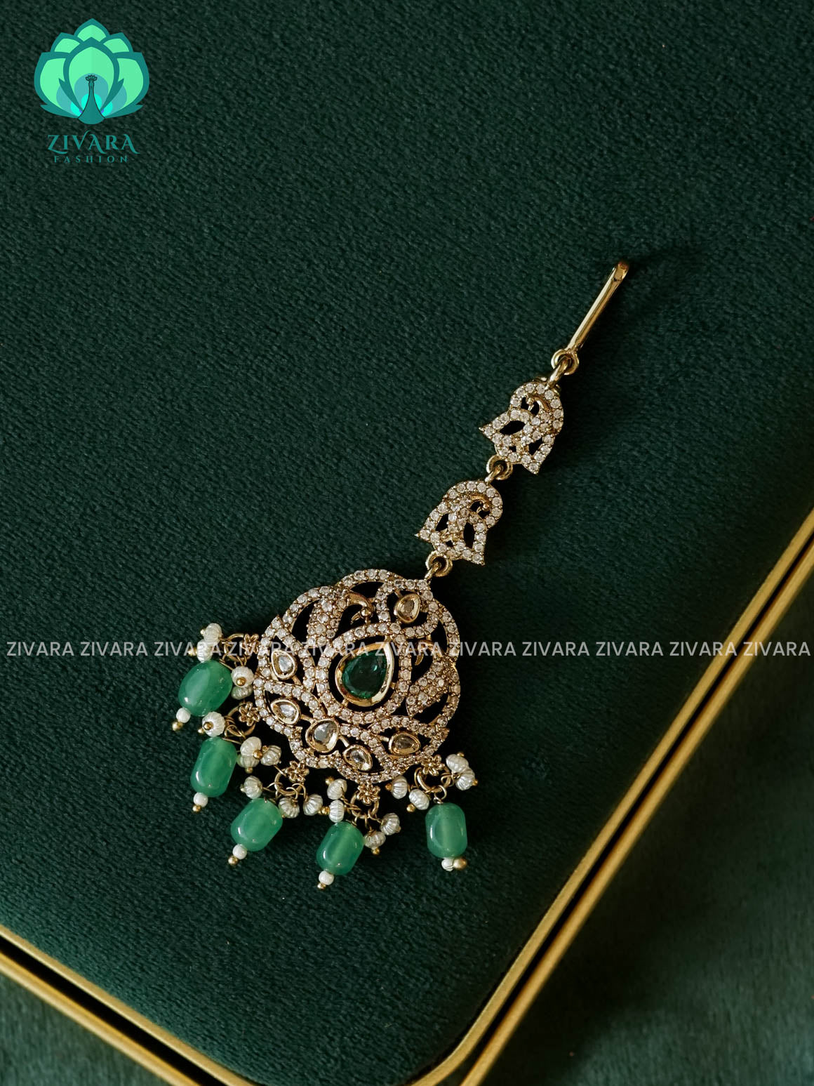 PEACOCK MOTIF  CHUTTI WITH GREEN BEADS HANGINGS - bridal head accessory- latest bridal collection - Zivara fashion