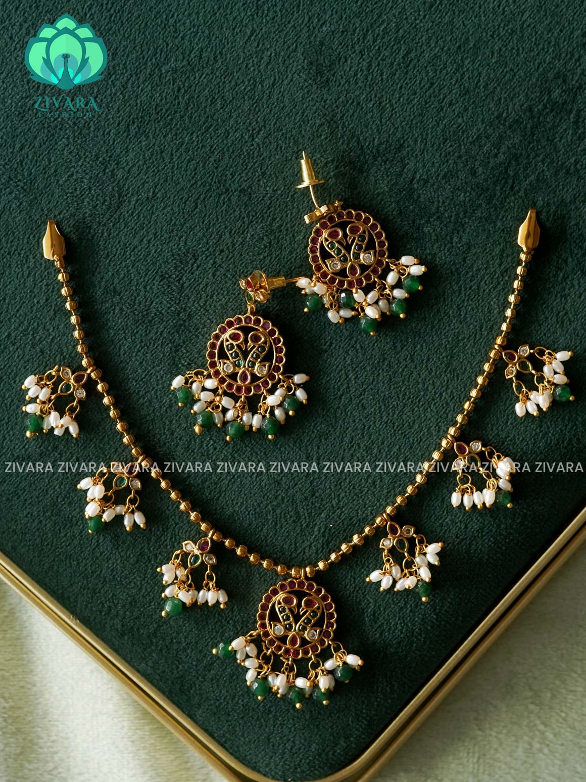 REAL KEMP PEACOCK MOTIF NECKWEAR WITH HANGINGS -Traditional south indian premium neckwear with earrings- Zivara Fashion- latest jewellery design