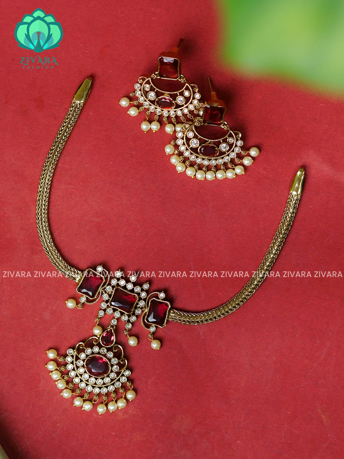 RUBY- Flexible chain and STONE  pendant -Traditional south indian premium neckwear with earrings- Zivara Fashion- latest jewellery design.