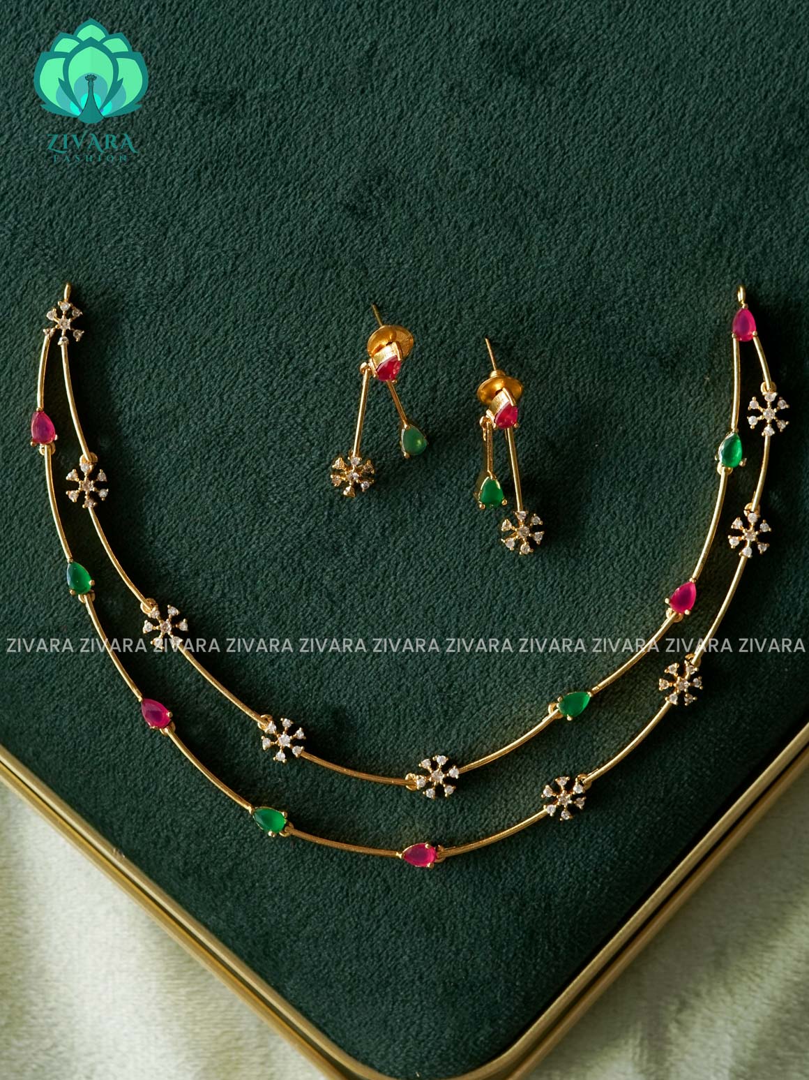 2 LAYER FLORAL AND TEAR HASLI  - stylish and minimal elegant neckwear with earrings- Zivara FashioN