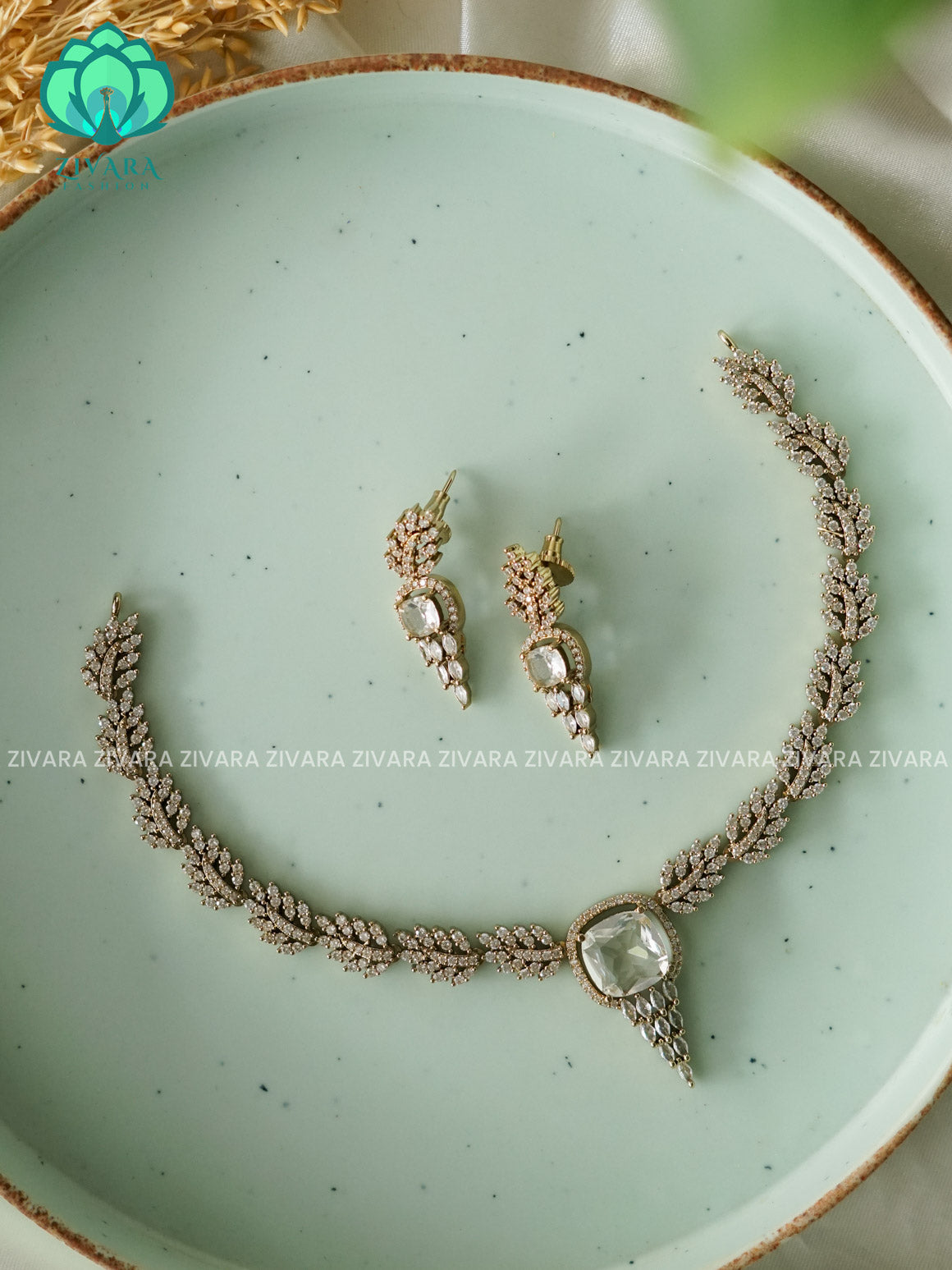 WHITE LEAFY   - stylish and minimal elegant neckwear with earrings- Zivara Fashion