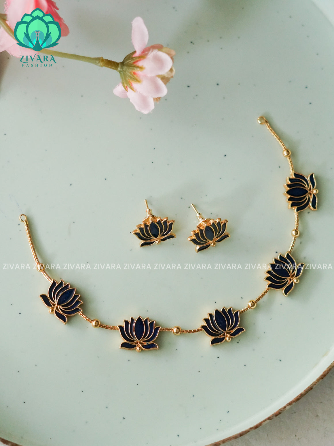 BLUE MANJU WARRIER  inspired Trending NORMAL MATTE lotus enamel neckwear with earrings- Zivara Fashion- latest jewellery design