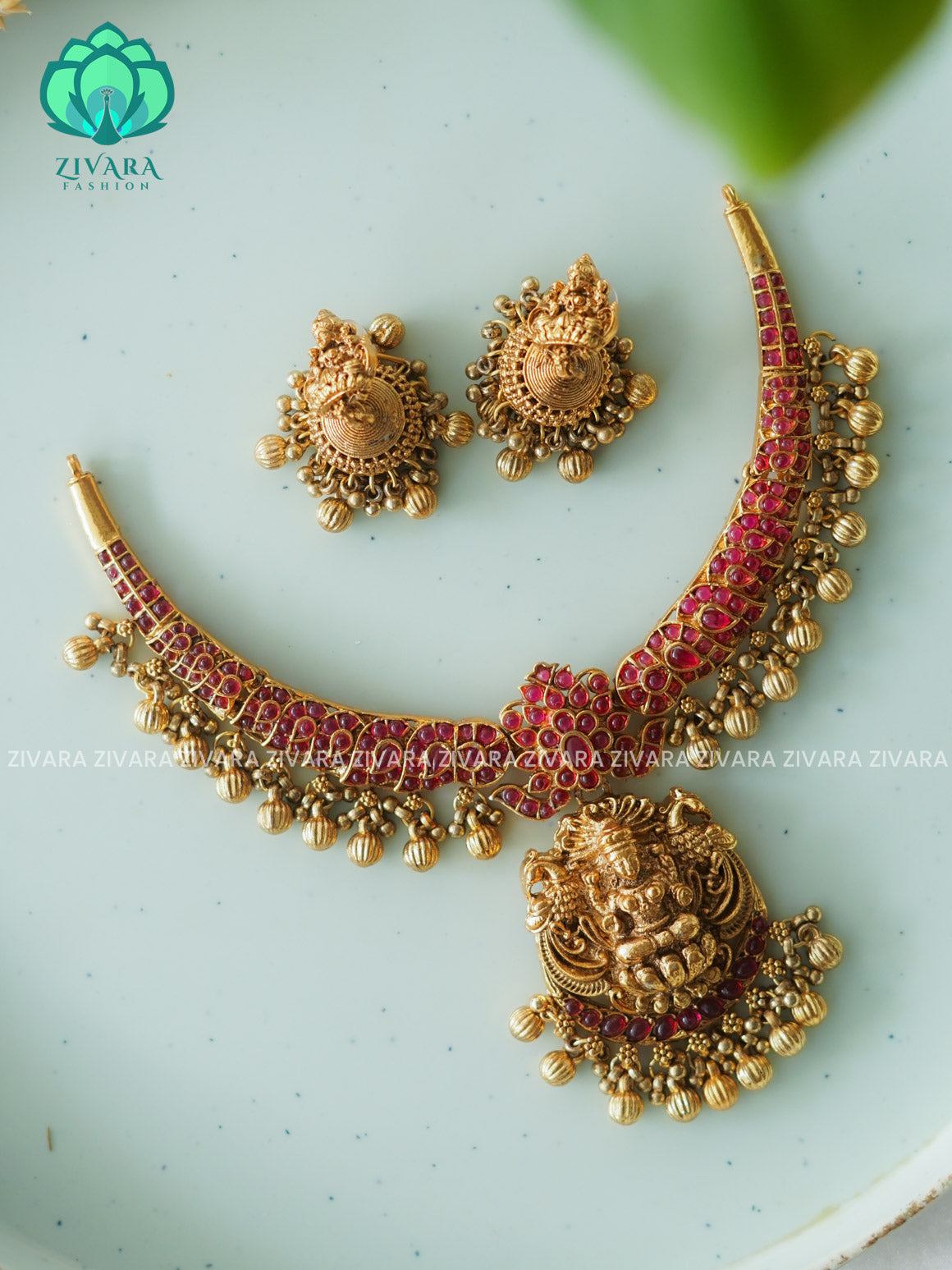 Ruby Temple  -Traditional south indian NORMAL matte  neckwear with earrings- Zivara Fashion- latest jewellery design