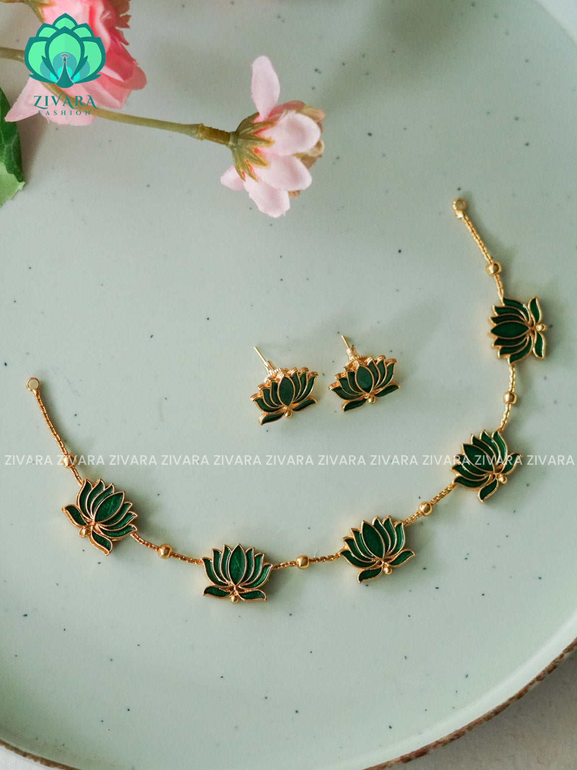 GREEN MANJU WARRIER  inspired Trending NORMAL MATTE lotus enamel neckwear with earrings- Zivara Fashion- latest jewellery design
