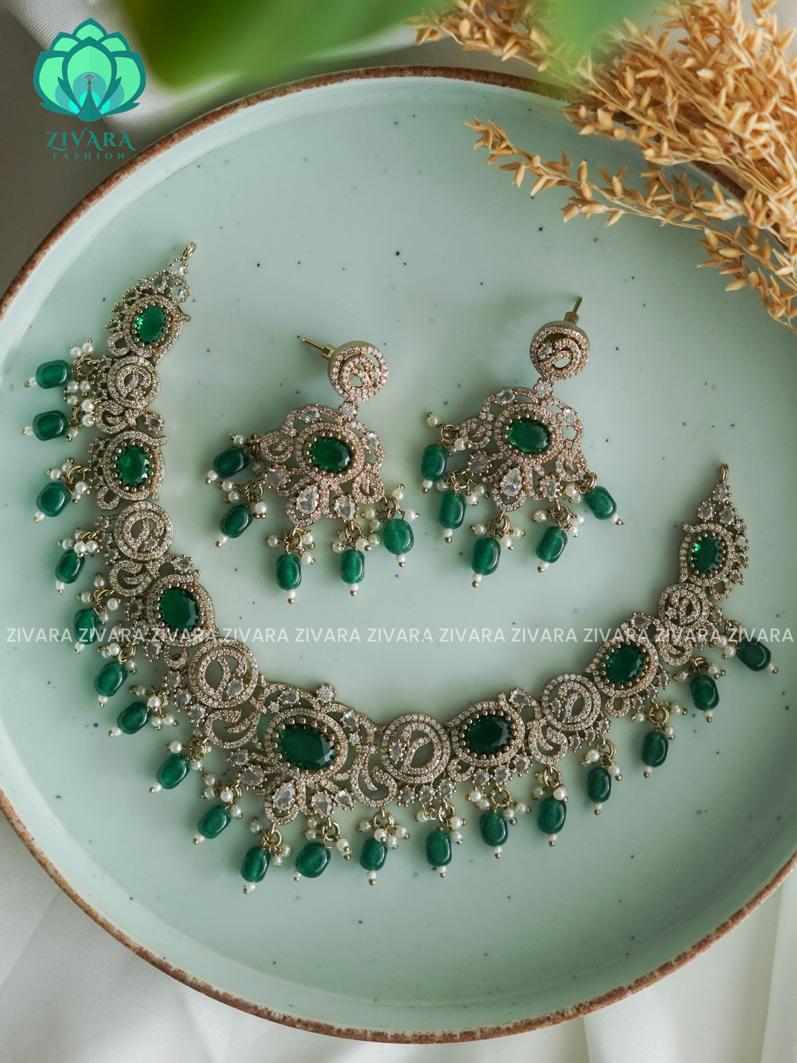 Green  - Ultra premium victoria finish polish trending neckwear collection- bridal collection- Zivara Fashion