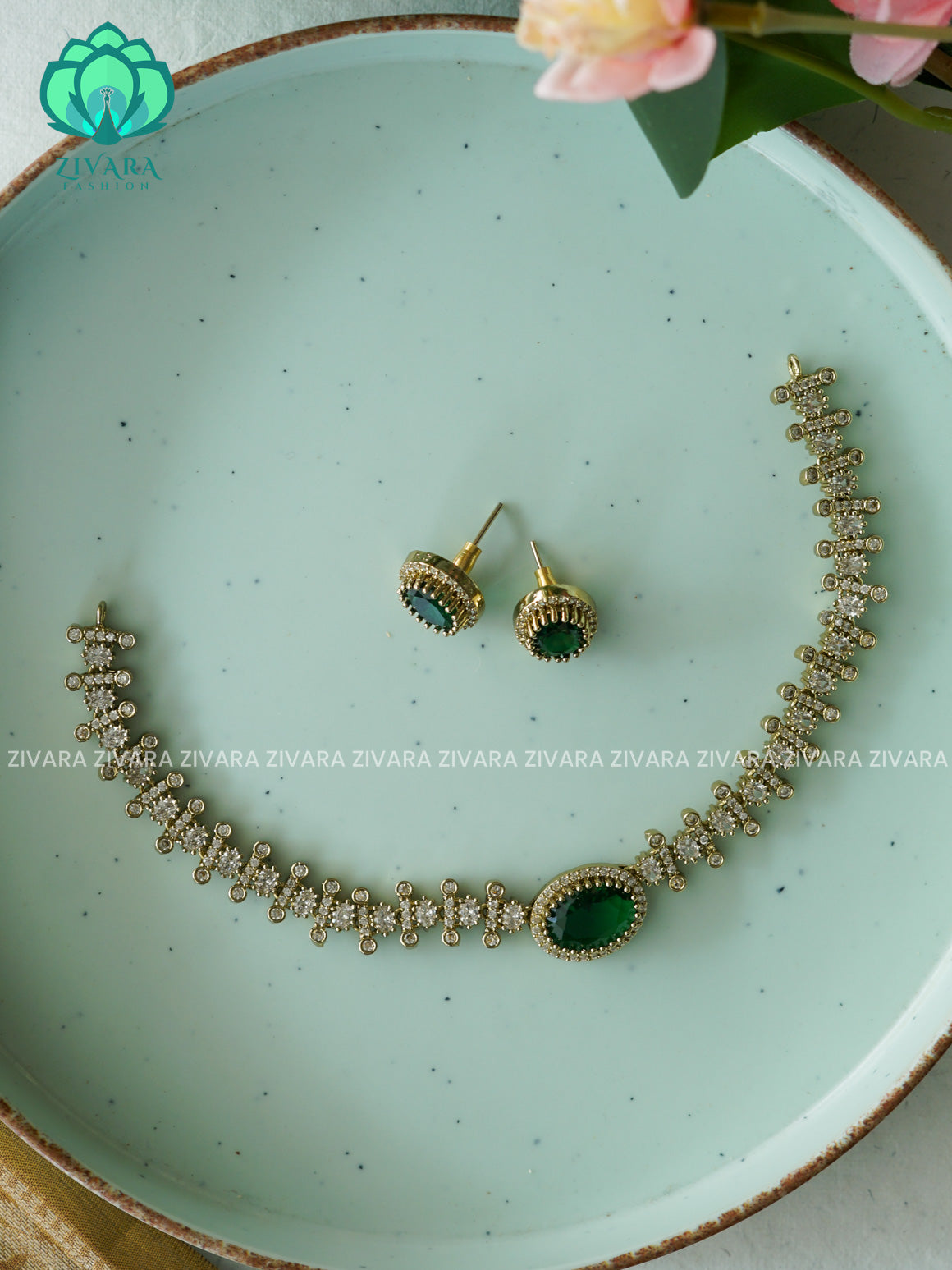 GREEN- kids friendly OVAL STONE ELEGANT  -PREMIUM SUBTLE GOLD FINISH  stylish and minimal elegant neckwear with earrings- Zivara Fashion