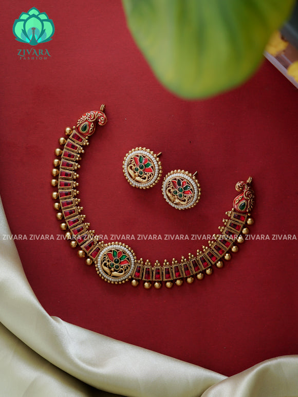 Red AND GREEN- Enamel lotus  -Traditional south indian NORMAL MATTE neckwear with earrings- Zivara Fashion- latest jewellery design