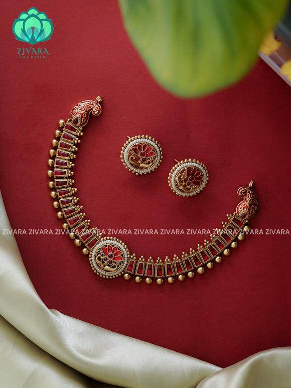 Red- Enamel lotus  -Traditional south indian NORMAL MATTE neckwear with earrings- Zivara Fashion- latest jewellery design