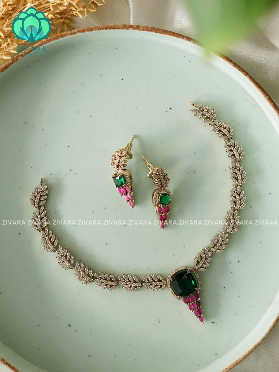 RUBY GREEN LEAFY   - stylish and minimal elegant neckwear with earrings- Zivara Fashion