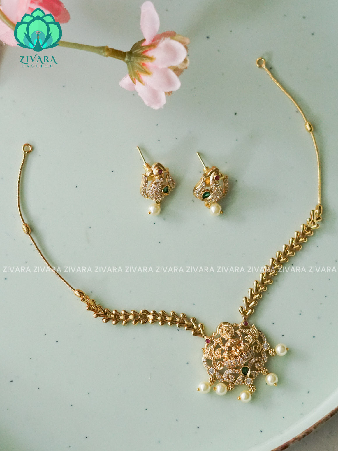 TEMPLE - STONE CHAIN WITH HANGINGS -Traditional south indian premium neckwear with earrings- Zivara Fashion- latest jewellery design