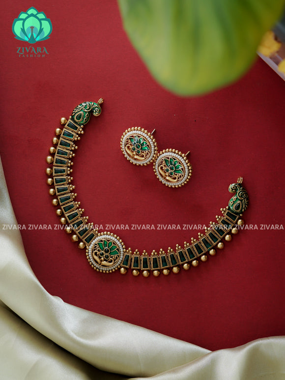 GREEN- Enamel lotus  -Traditional south indian NORMAL MATTE neckwear with earrings- Zivara Fashion- latest jewellery design