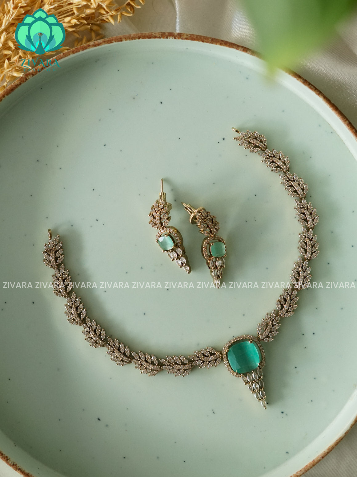 PASTEL GREEN LEAFY   - stylish and minimal elegant neckwear with earrings- Zivara Fashion
