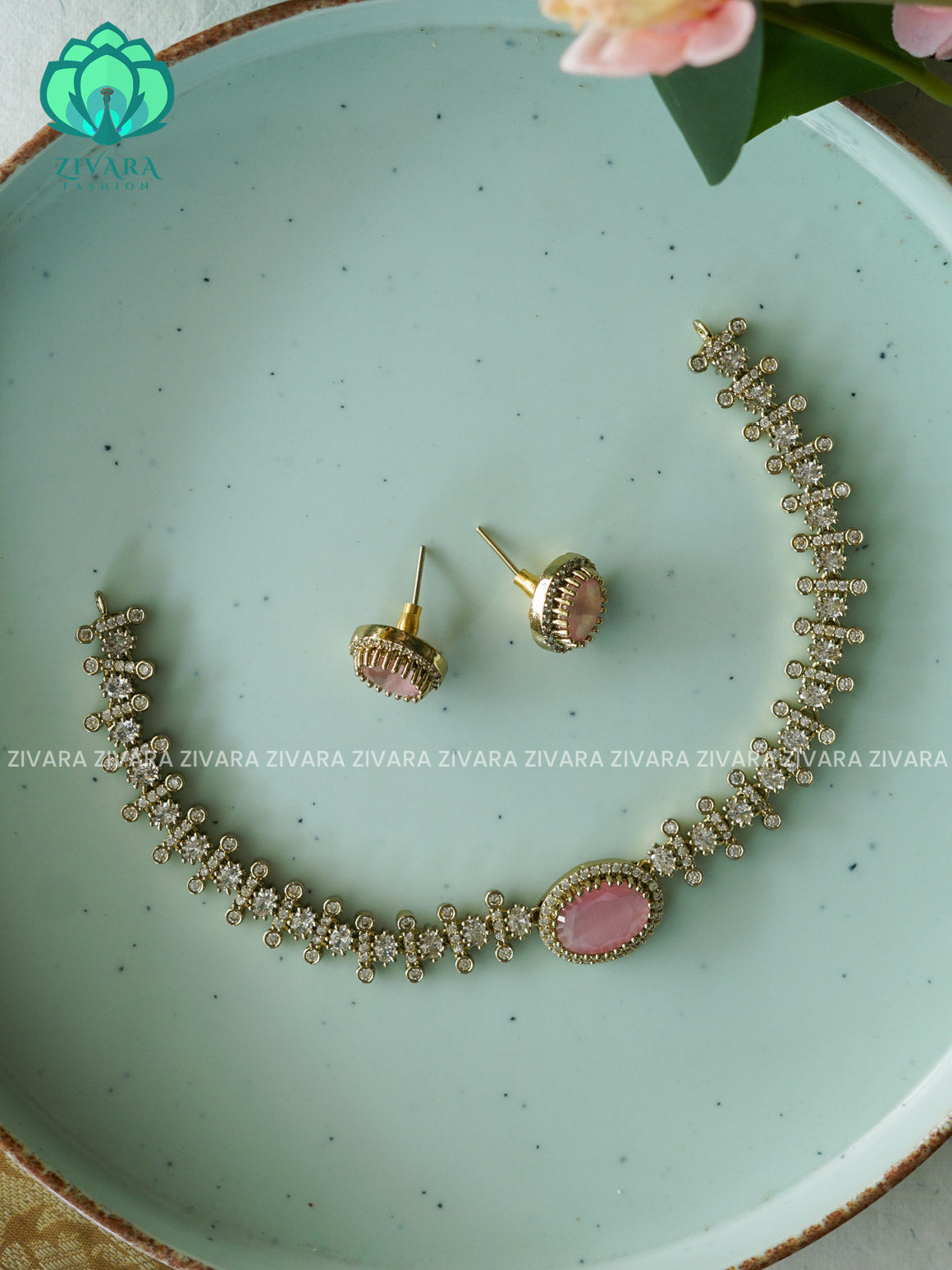 Pastel pink   - kids friendly OVAL STONE ELEGANT  -PREMIUM SUBTLE GOLD FINISH  stylish and minimal elegant neckwear with earrings- Zivara Fashion
