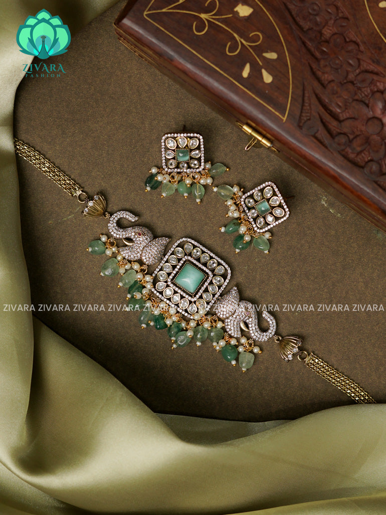 PASTEL GREEN  - ELEPHANT  -  Ultra premium victoria finish dark polish trending CHOKER collection- Zivara Fashion