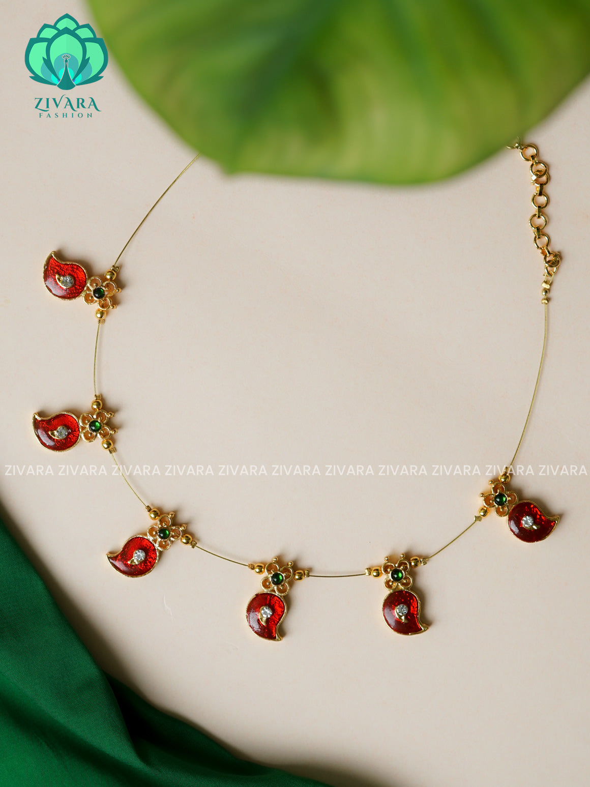 RED AND GREEN - SHREYA - ENAMEL KEMP  TAMARA INVISIBLE MINIMAL ELEGANT HANDMADE NECKLACE WITH BRILLIANT FINISH MOTIFS- ZIVARA FASHION