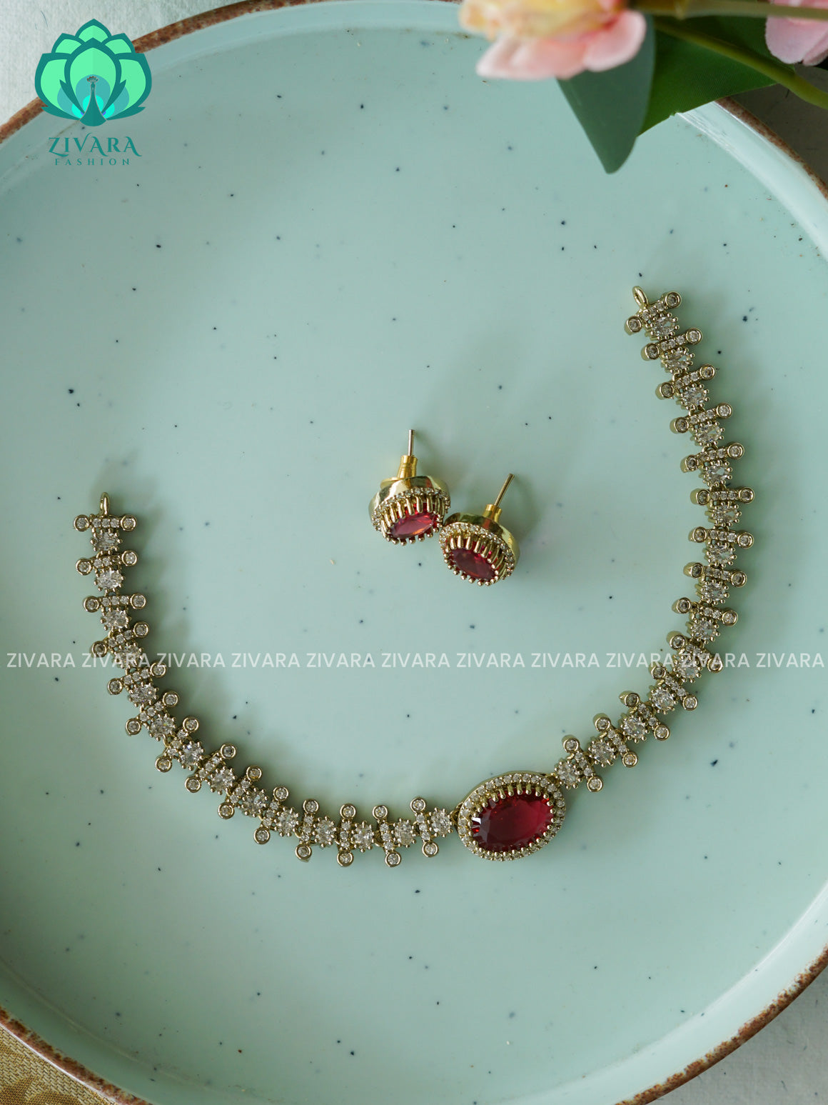 RUBY - kids friendly OVAL STONE ELEGANT  -PREMIUM SUBTLE GOLD FINISH  stylish and minimal elegant neckwear with earrings- Zivara Fashion