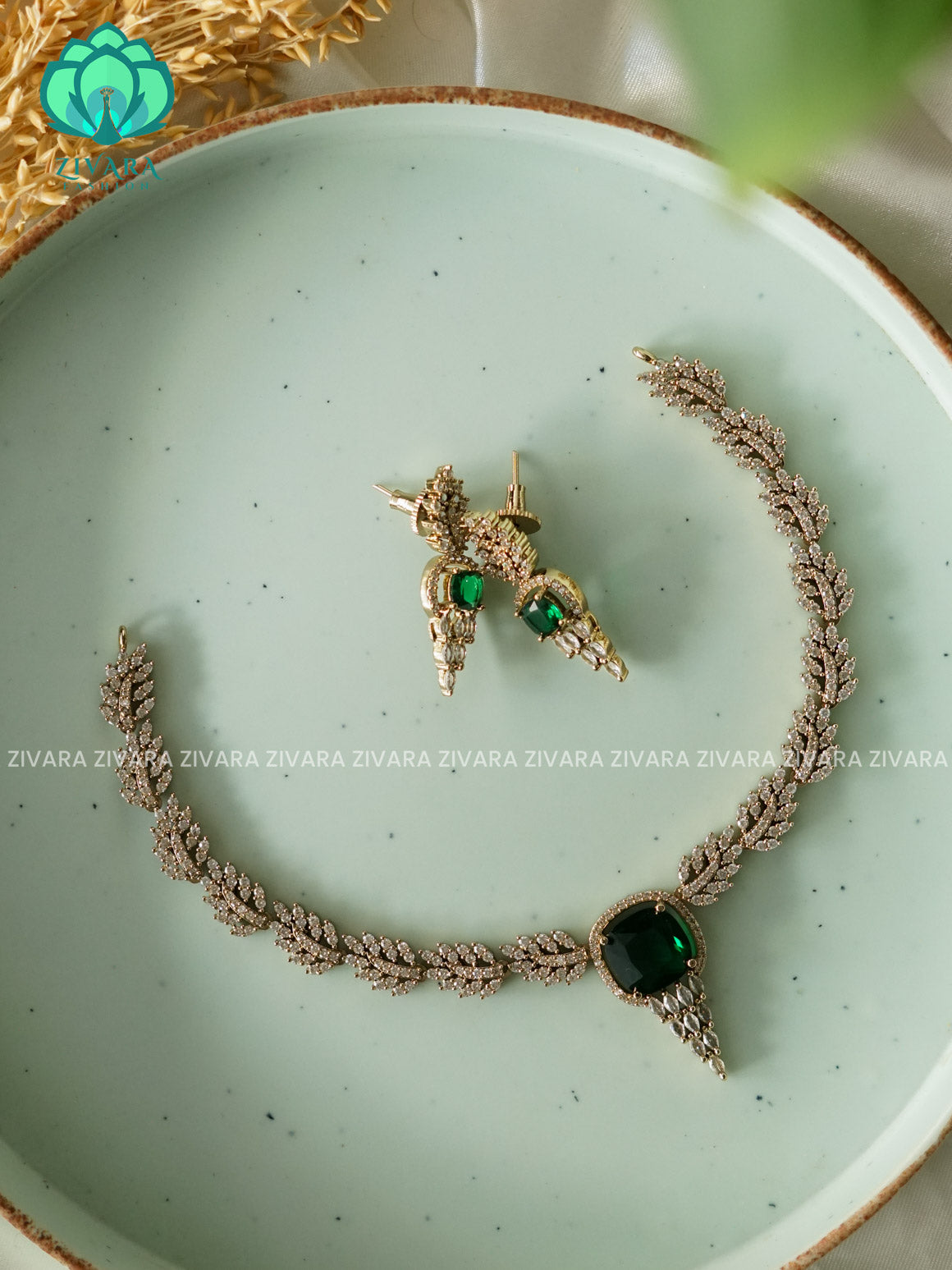 GREEN LEAFY   - stylish and minimal elegant neckwear with earrings- Zivara Fashion