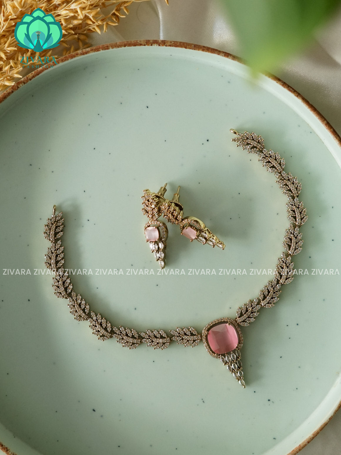 PINK LEAFY   - stylish and minimal elegant neckwear with earrings- Zivara Fashion