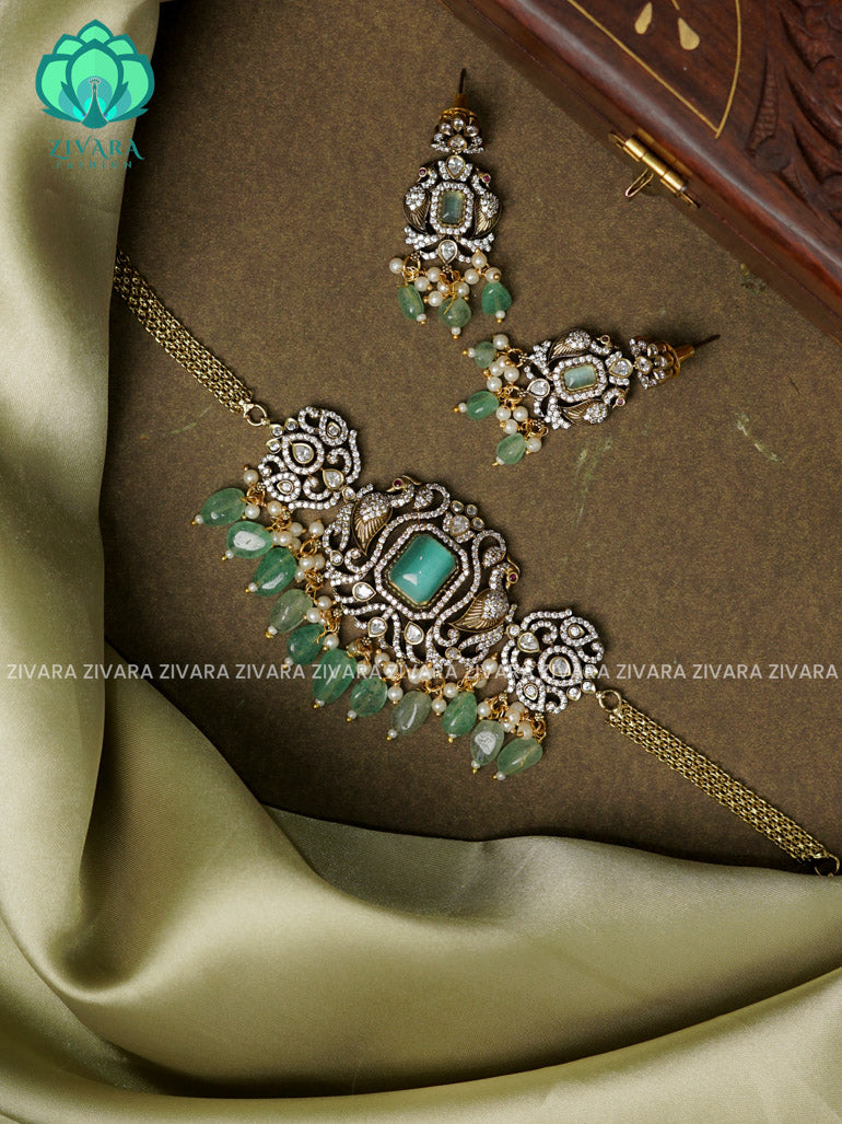 PASTEL GREEN -PEACOCK -  Ultra premium victoria finish dark polish trending CHOKER collection- Zivara Fashion