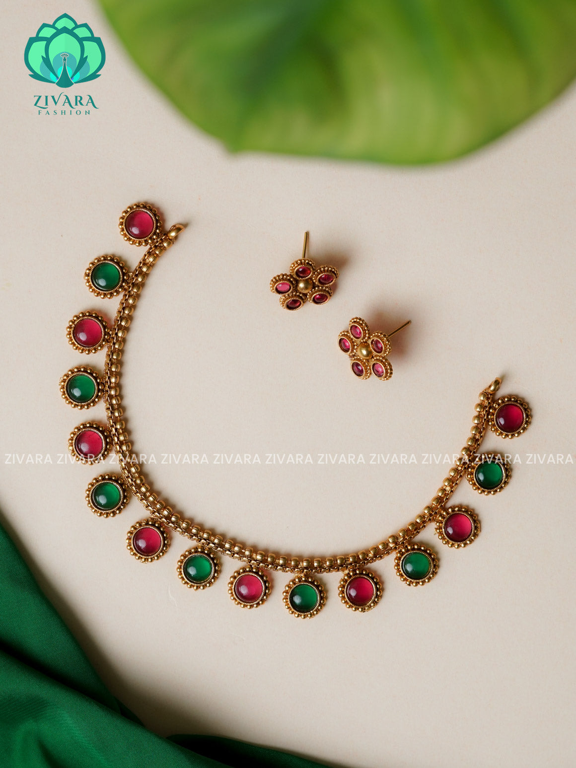 RUBY AND GREEN - CIRCLE MOTIF-Traditional south indian NORMAL MATTE  neckwear with earrings- Zivara Fashion- latest jewellery design.