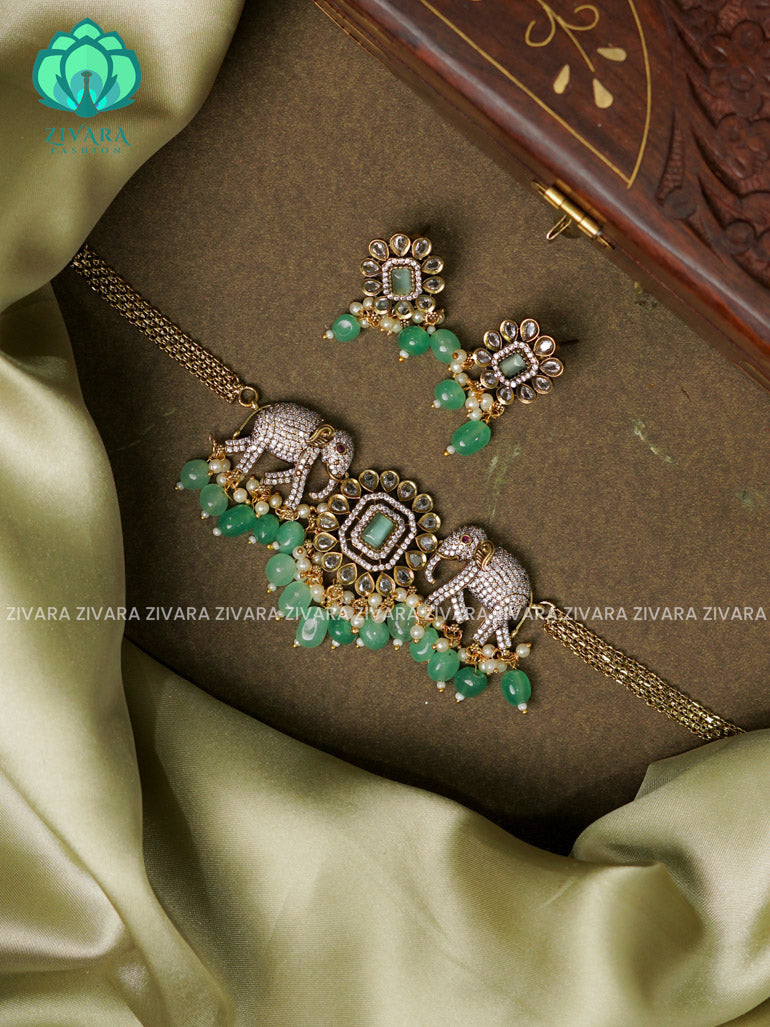 PASTEL GREEN- ELEPHANT- Ultra premium victoria finish dark polish trending CHOKER collection- Zivara Fashion