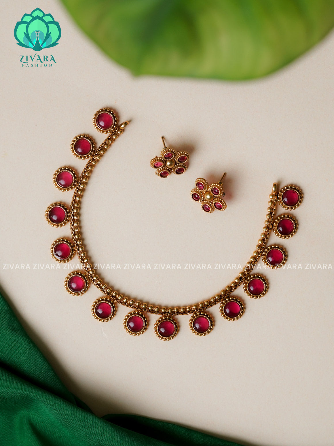 RUBY - CIRCLE MOTF- -Traditional south indian NORMAL MATTE  neckwear with earrings- Zivara Fashion- latest jewellery design.130