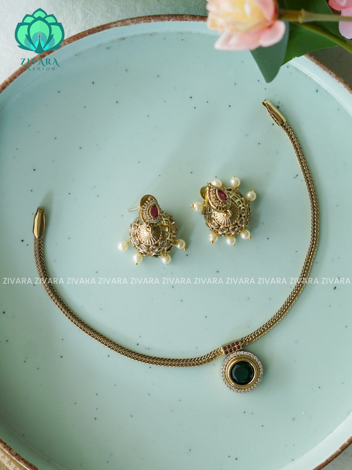 BHANU - GREEN PALAKKA Flexible chain- Traditional south indian NORMAL MATTE neckwear with earrings - Zivara Fashion