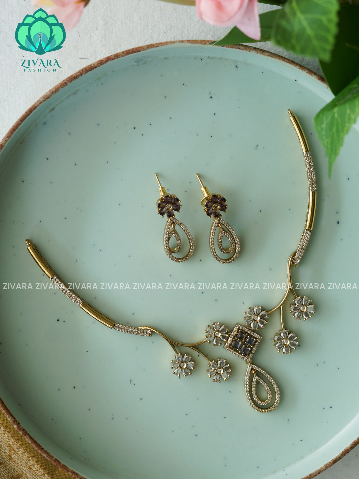 PURPLE FLORAL HASLI   -  diamond replica stylish and minimal elegant neckwear with earrings- Zivara Fashion