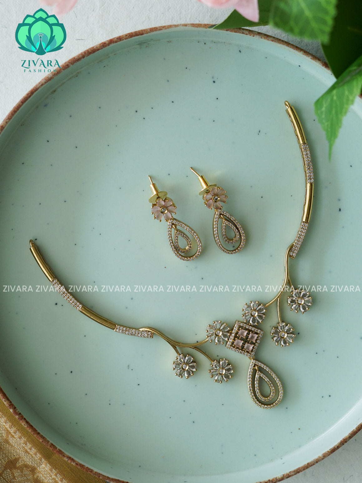 PASTEL PINK FLORAL HASLI   -  diamond replica stylish and minimal elegant neckwear with earrings- Zivara Fashion