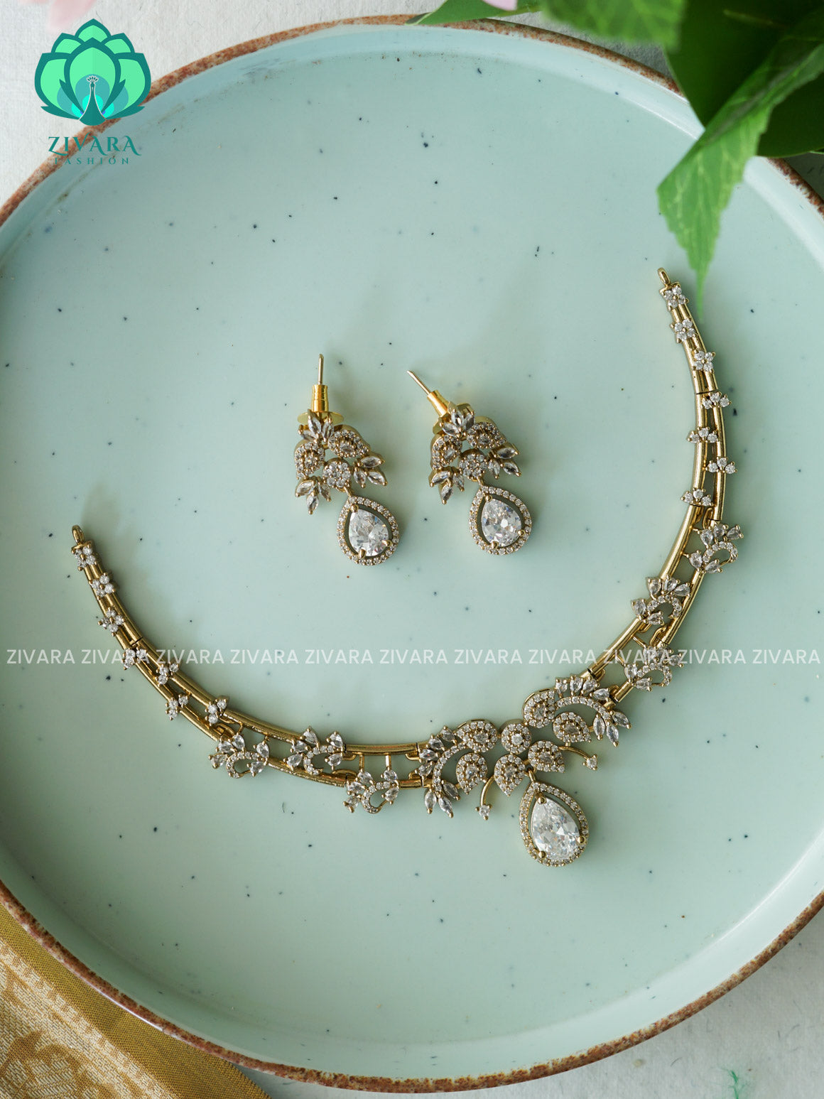WHITE - TEAR STONE ELEGANT HASLI  -PREMIUM SUBTLE GOLD FINISH  stylish and minimal elegant neckwear with earrings- Zivara Fashion