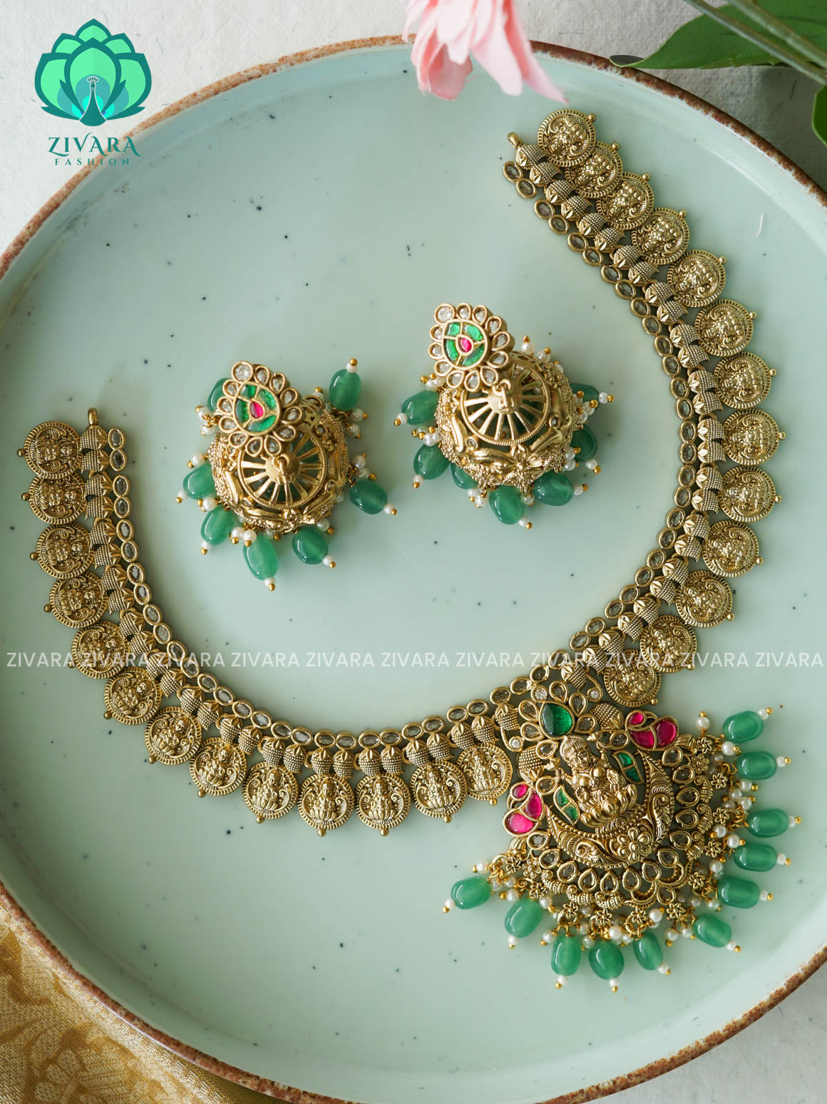 JADAU STONE COIN WITH TEMPLE PENDANT -Traditional south indian premium neckwear with earrings- Zivara Fashion- latest jewellery design