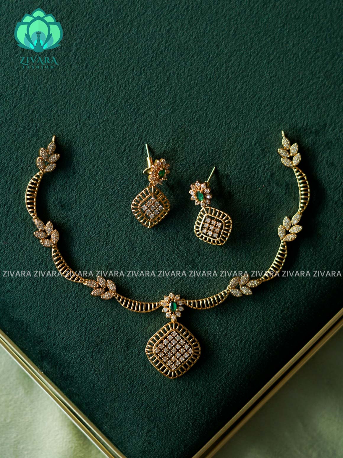 KANYA GREEN WHITE LEAF -  SUBTLE POLISH stylish and minimal elegant neckwear with earrings- Zivara Fashion