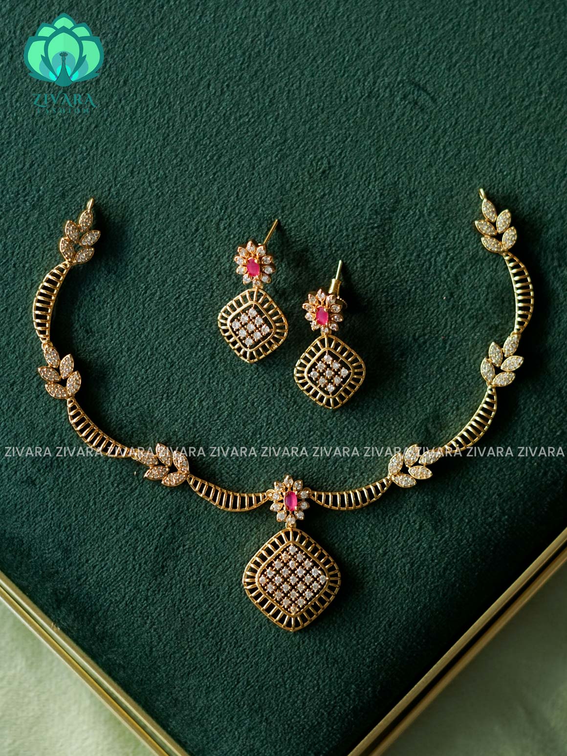 KANYA RUBY WHITE LEAF -  SUBTLE POLISH stylish and minimal elegant neckwear with earrings- Zivara Fashion